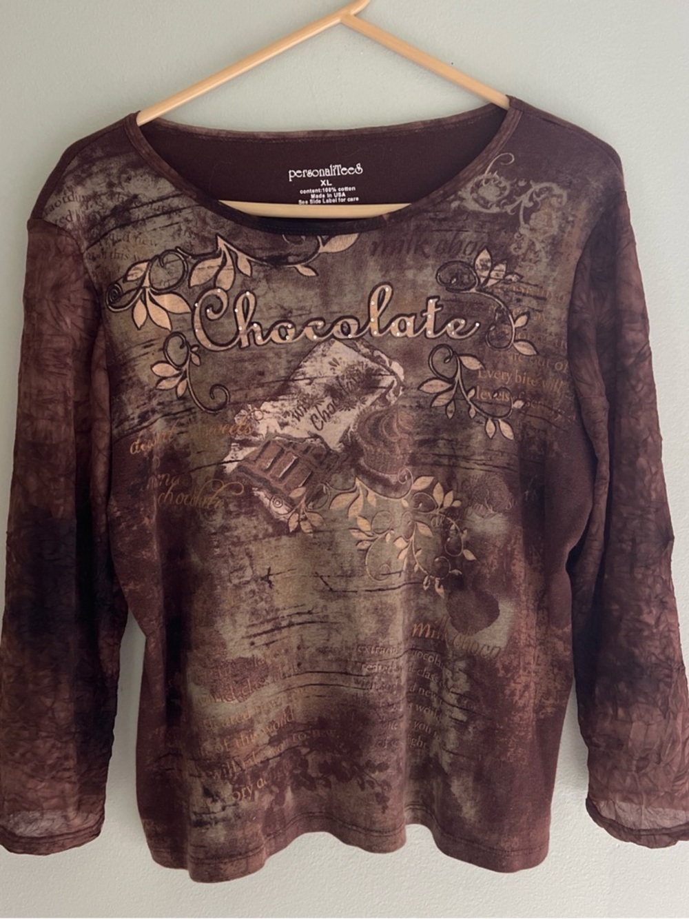 PersonaliTees Chocolate Graphic Print Top Y2K Vintage Mesh Sleeves Brown Sz XL